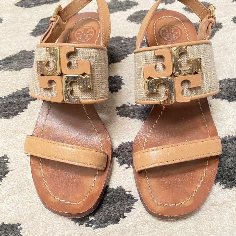 Tory Burch Beige and Tan Miller Sandals